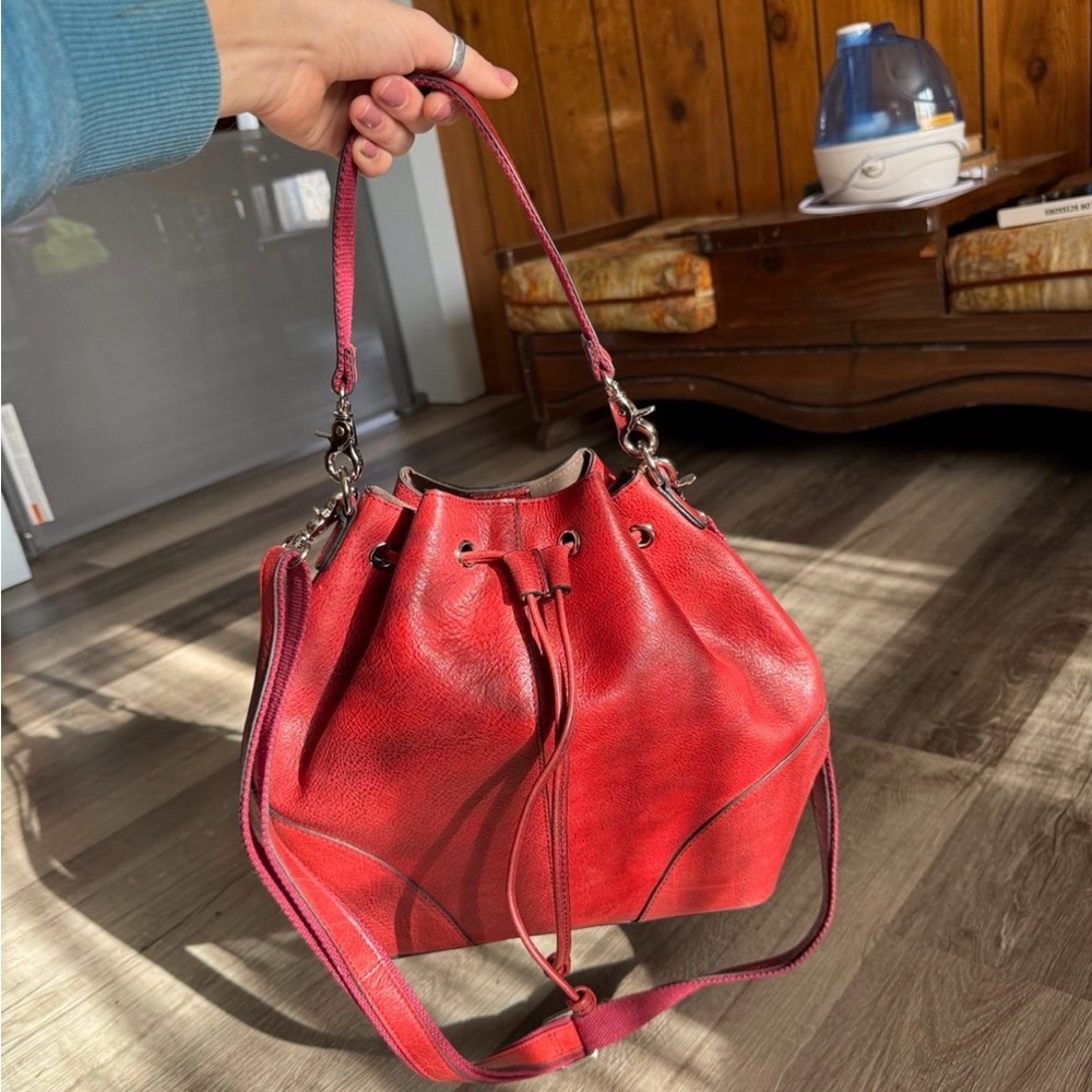 Red Leather Drawstring Shoulder Bag - image 4